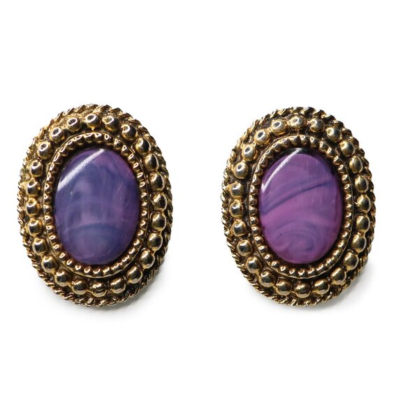 Vintage Oval Clip-On Earrings Gold Tone Purple Marble Cabochon Retro 80s 90s - Picture 8 of 8